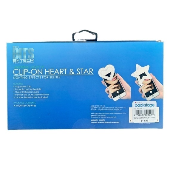 Selfie Ring Light Tech BITS ByTech 2-Pk Clip-On Heart & Star 3 Light Levels NIB - Picture 4 of 4